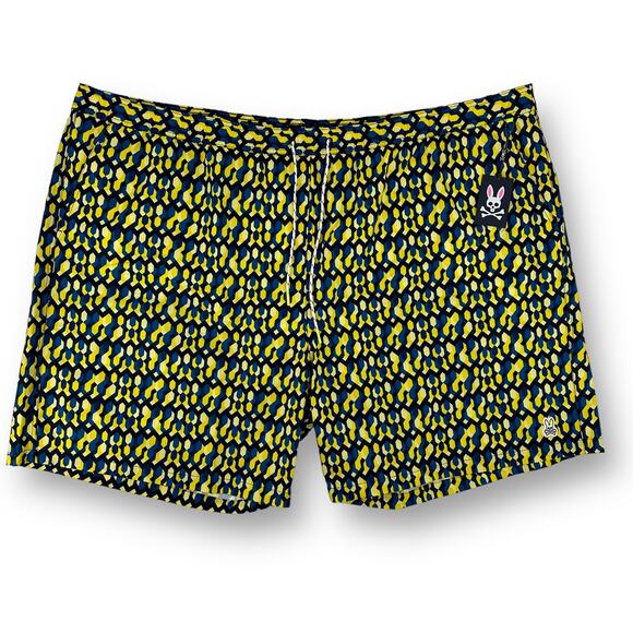 Psycho Bunny Everett Geometric Print Swim Trunks Big Tall Sz 6XL Blue Yellow 8" - Picture 1 of 6